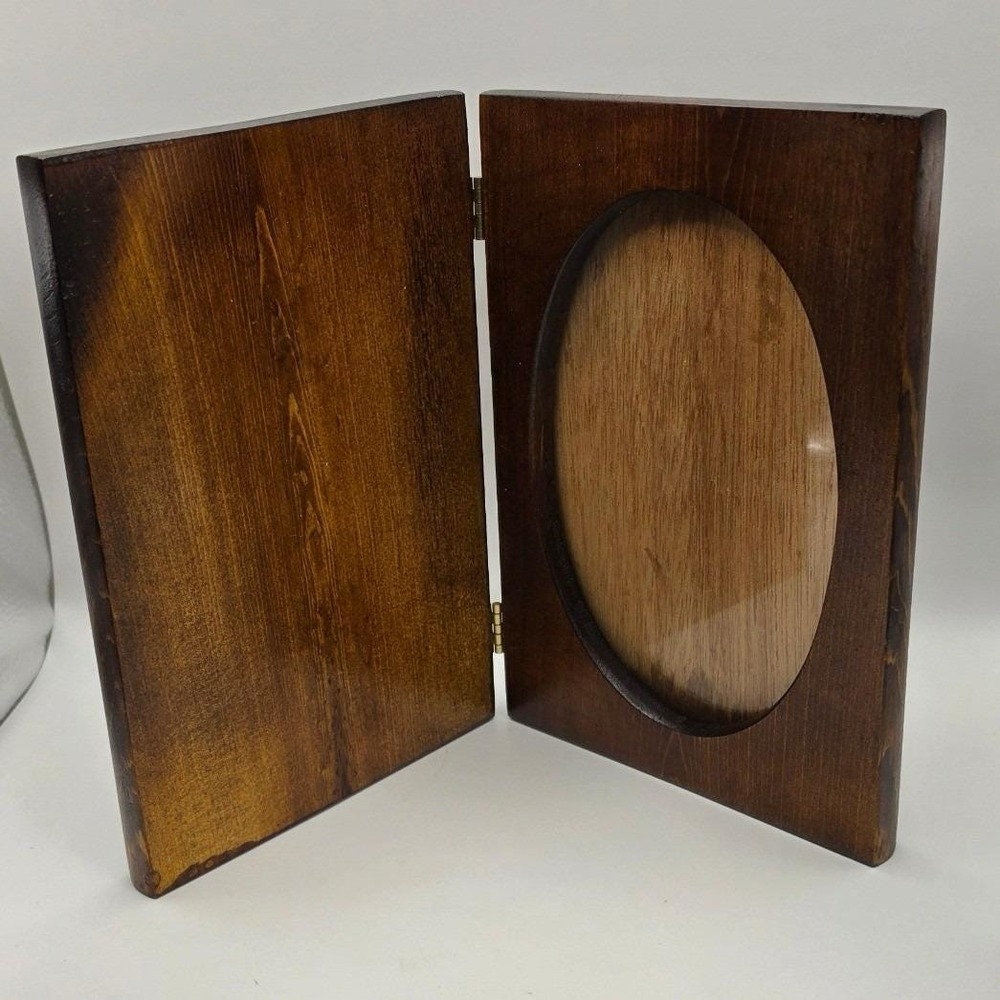 Vintage Folding Wood Picture Frame Dark Brown Hinged Oval Photo Window 5x7 8x6